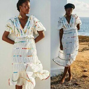NWT Farm Rio Midi Dress Mixed Prints Off White V-Neck Short Puff Sleeves Ruffled